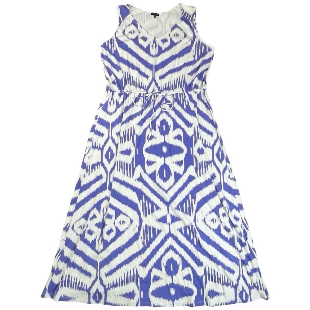 Talbots Ikat Maxi Dress Blue White Beachy Resort Long drawstring tie waist 2X